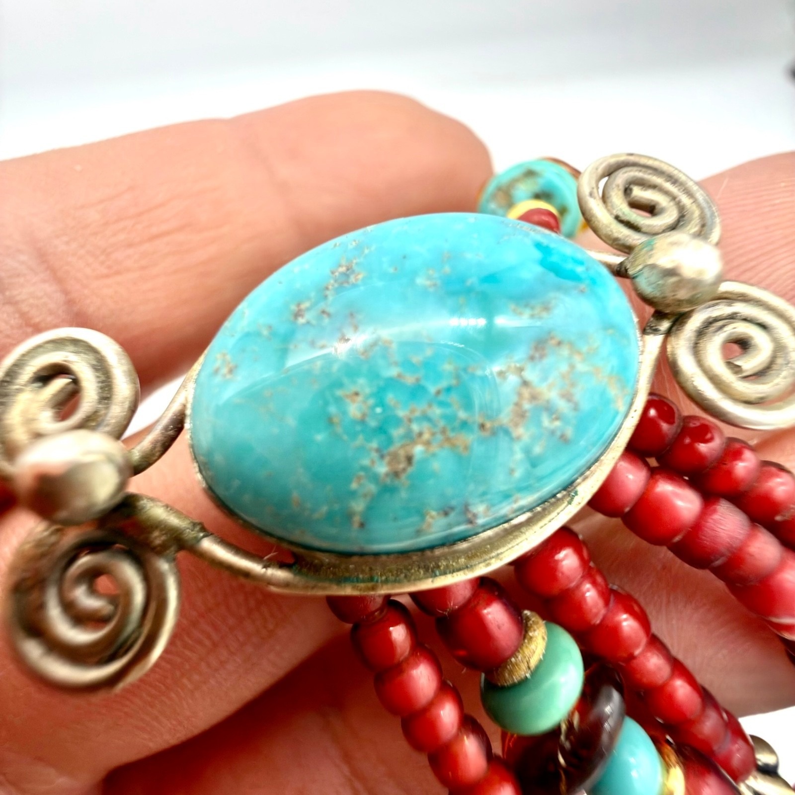 Vtg Native American Turquoise Bracelet Multi Strand Sterling Silver Signed